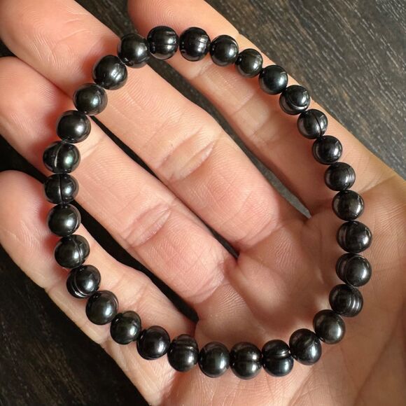 Vintage Honora Black Freshwater Pearl Stretch Bracelet, Round Ringed Iridescent - Picture 3 of 10